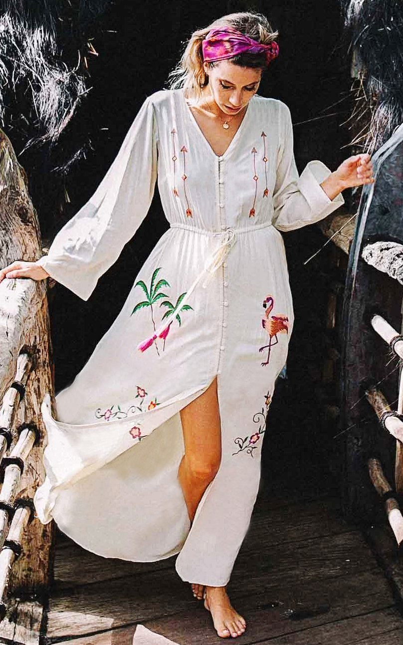 F4749 Long Sleeve Holiday Geometric Bohemia Dress